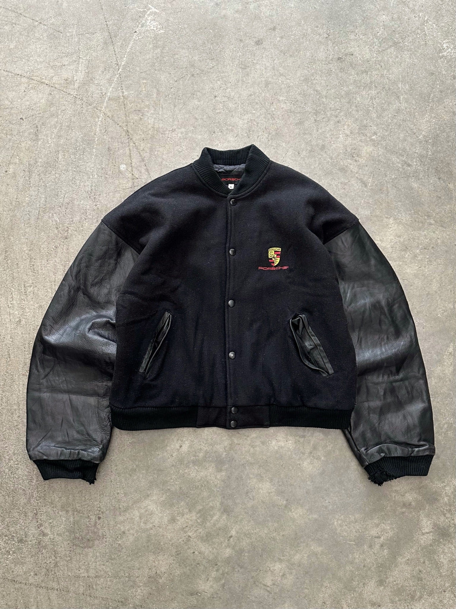 “PORSCHE” BLACK VARSITY BOMBER JACKET - 1990S – AKIMBO CLUB