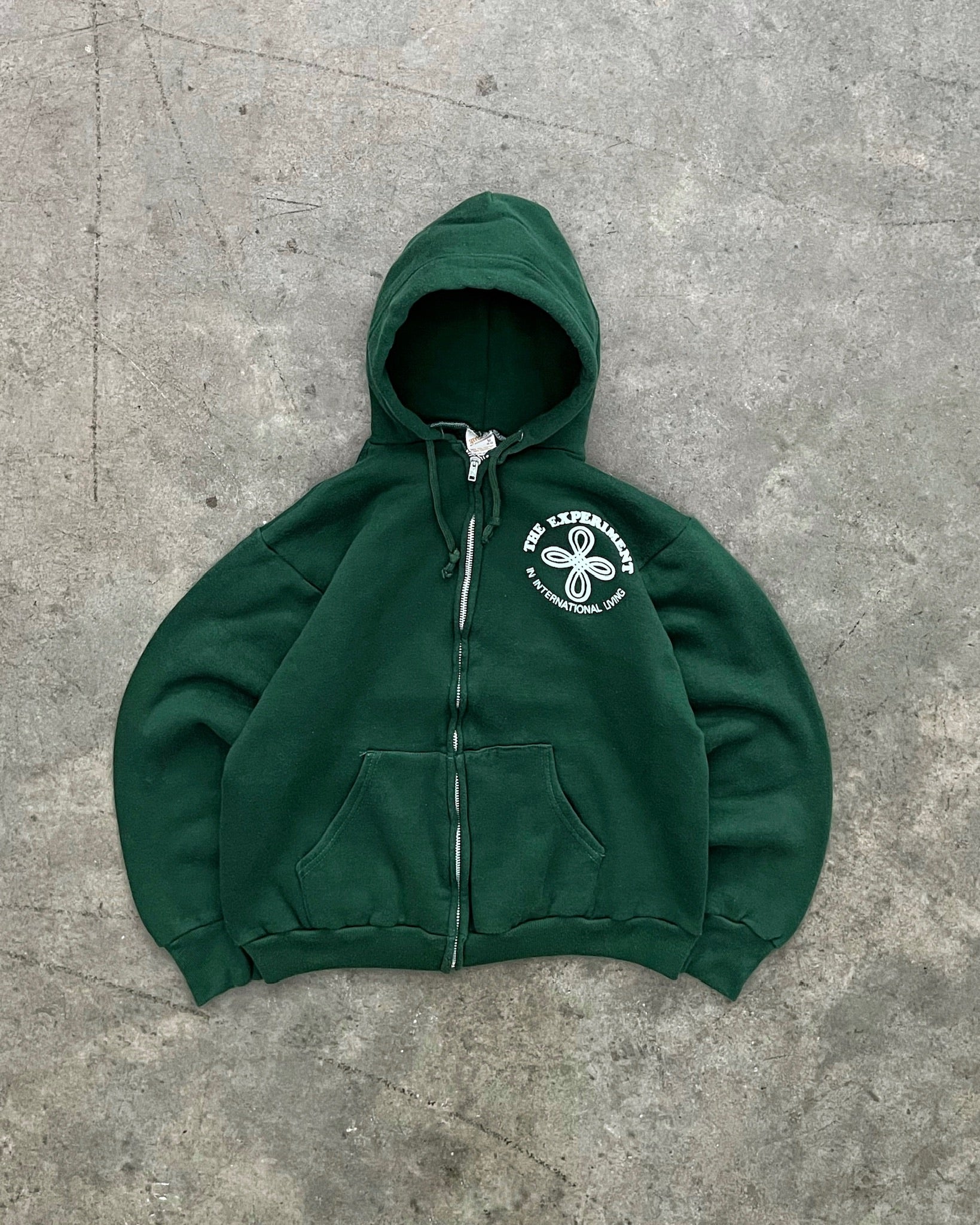 FADED PINE GREEN “THE EXPERIMENT” ZIP UP HOODIE - 1980S – AKIMBO CLUB