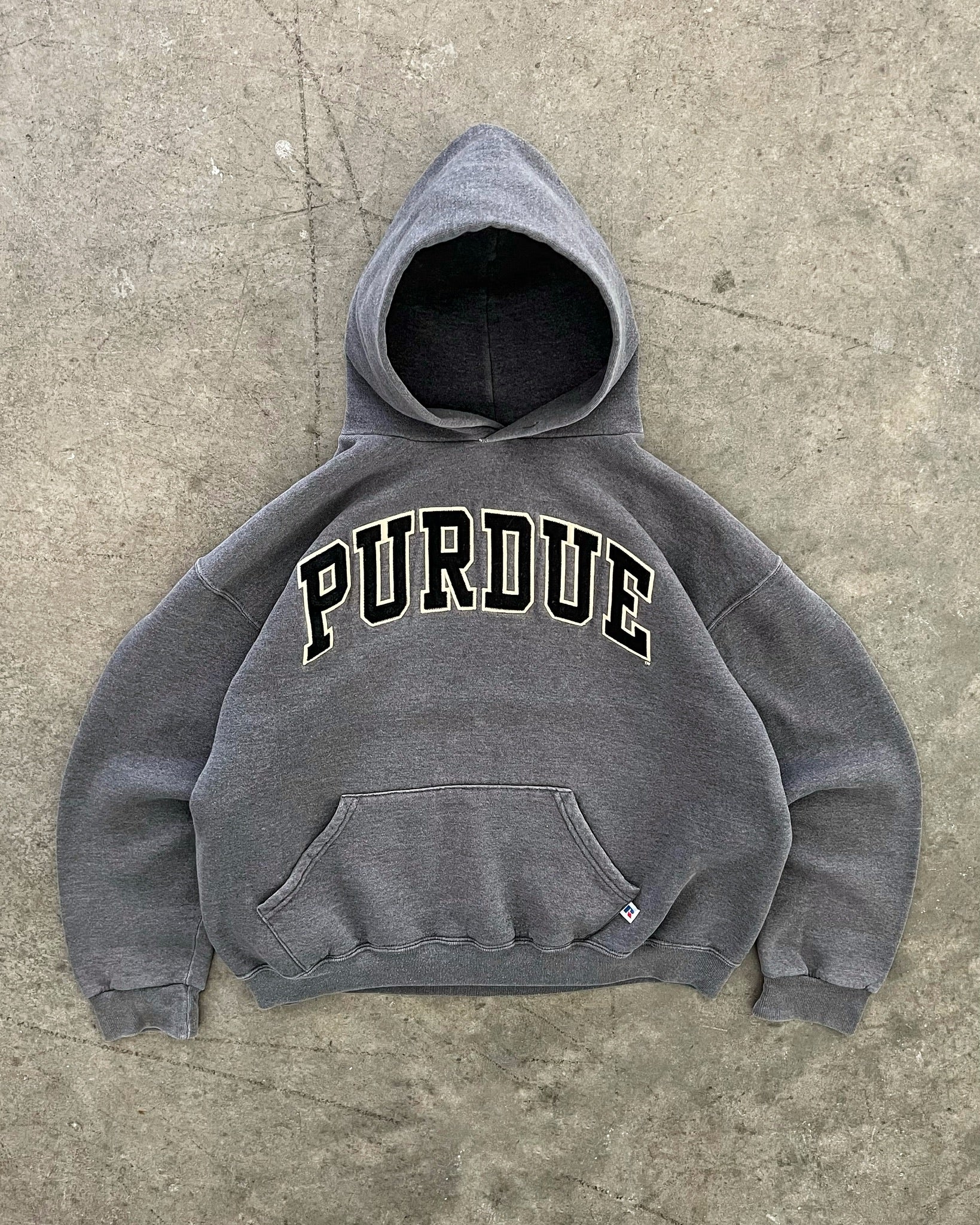 FADED STONE GREY “PURDUE” RUSSELL HOODIE - 1990S – AKIMBO CLUB