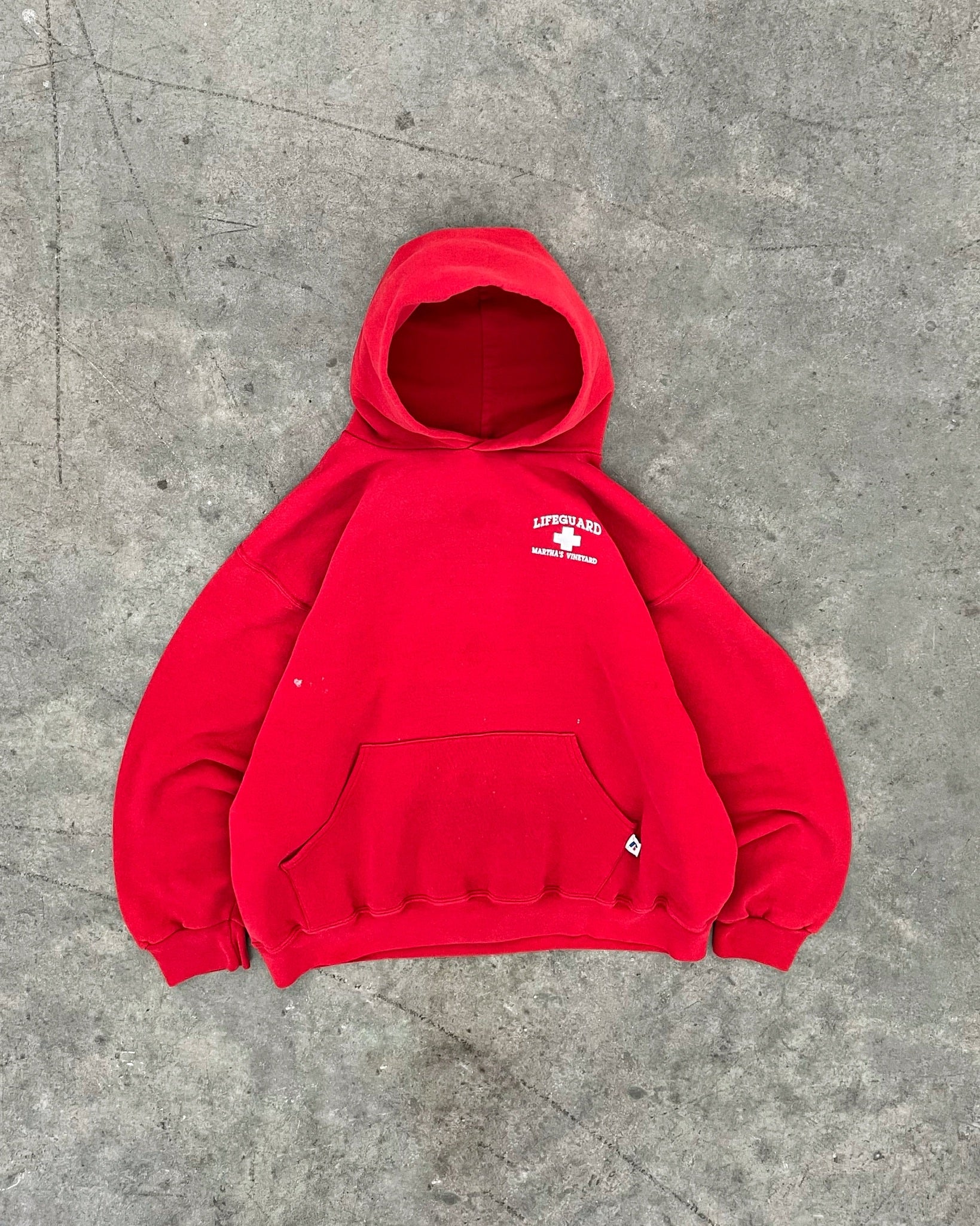 FADED RED “LIFE GUARD” RUSSELL HOODIE - 1990S – AKIMBO CLUB