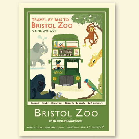 Retro Bristol Zoo Art Print with green bus illustration
