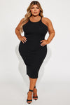 Sleek Chic Ribbed Midi Dress - Black