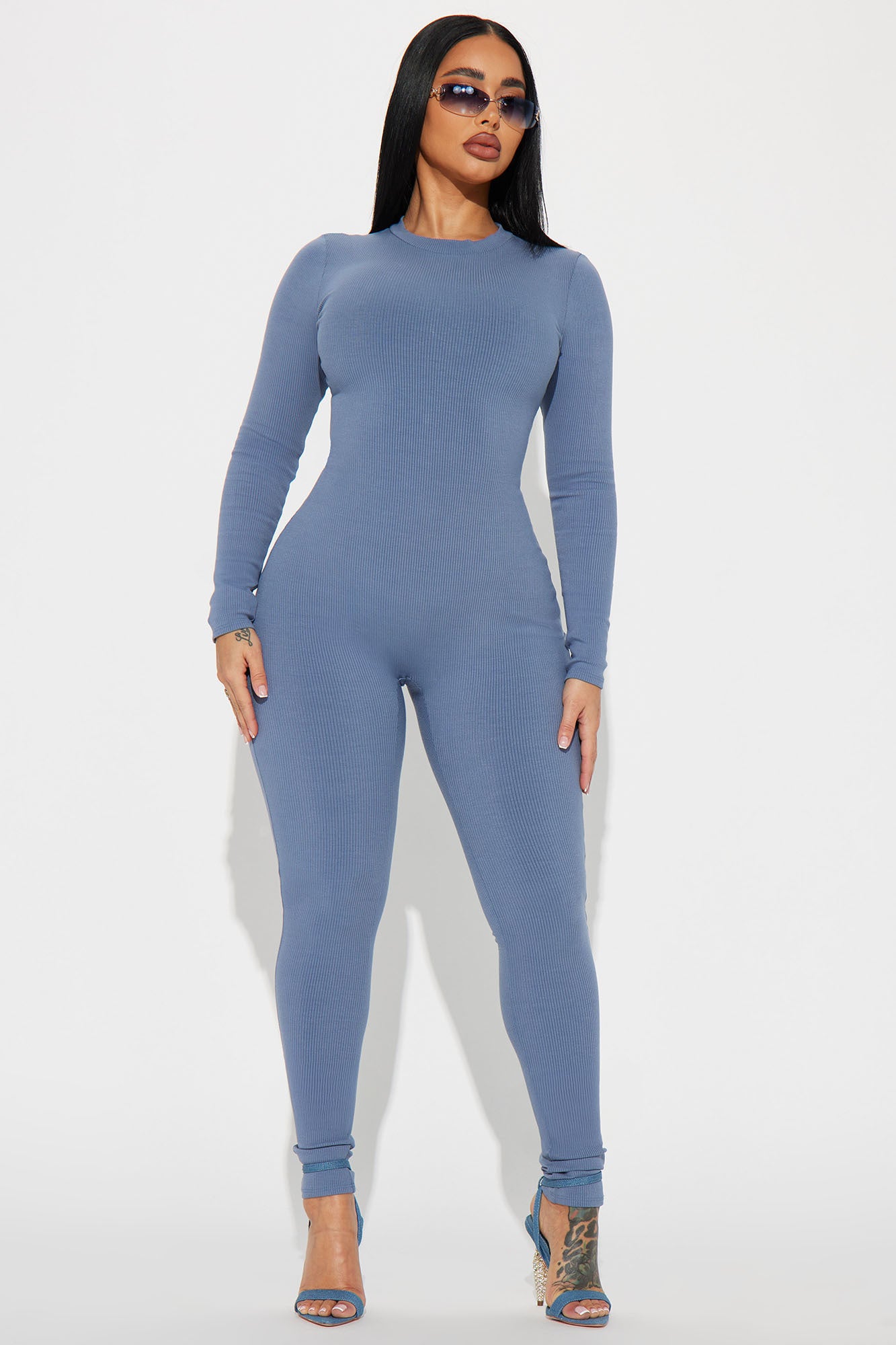 Solid Bodycon Jumpsuit Sexy Scoop Neck Long Sleeve Long - Temu