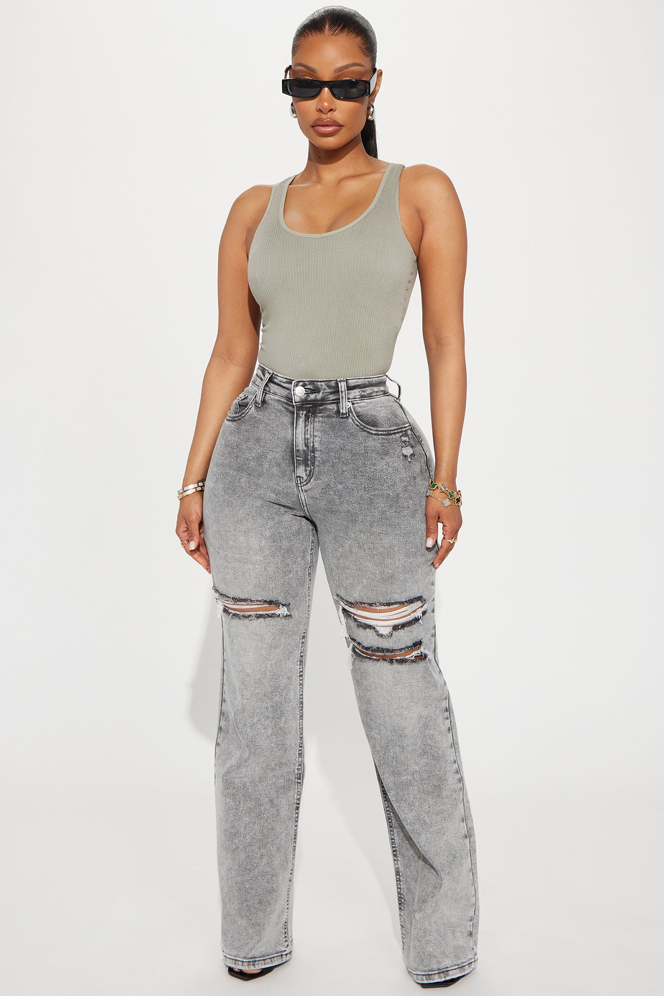 Image of Remi Ripped Stretch Baggy Jeans - Grey