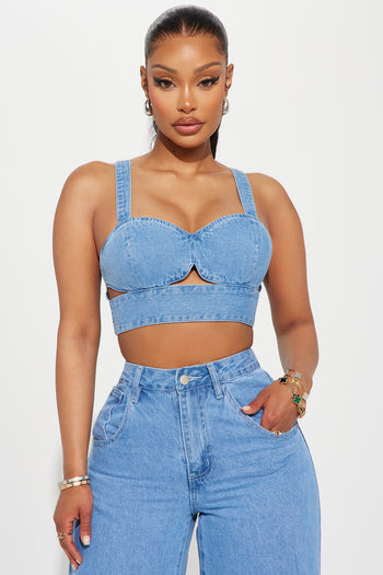 Rhinestone Denim Corset Crop Top - Medium Wash - H&O