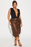 Becky Washed Faux Leather Midi Skirt - Brown