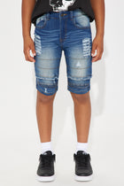 Mini Acid Wash Denim Distressed Moto Shorts - Medium Wash