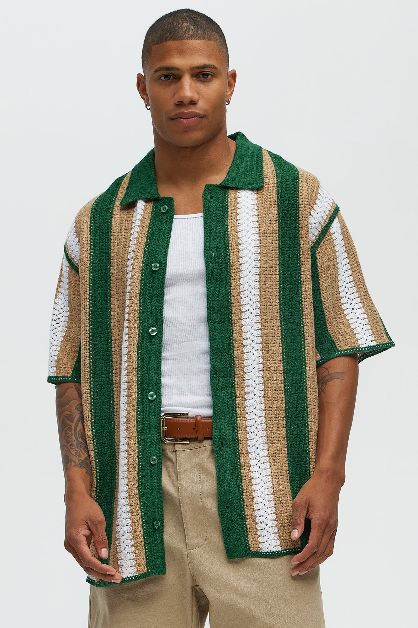 Brock Striped Crochet Collar Button Down Shirt - Green/combo | Fashion Nova