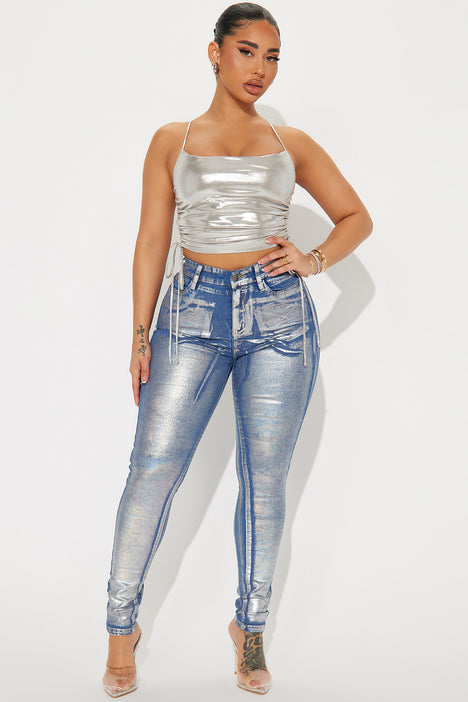 Belønning Årvågenhed Vanvid She's Glowing Metallic Foil Stretch Skinny Jeans - Silver | Fashion Nova,  Jeans | Fashion Nova