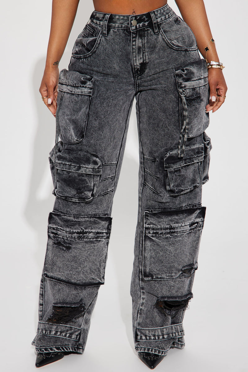 Millie Non Stretch Ripped Cargo Jean - Acid Wash Black | Fashion Nova ...