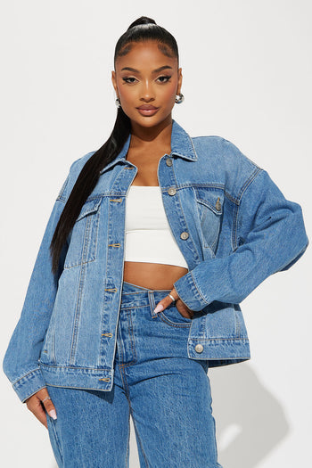 Women's Hey Girl Patchwork Denim Jacket in Blue Wash Size Medium by Fashion Nova