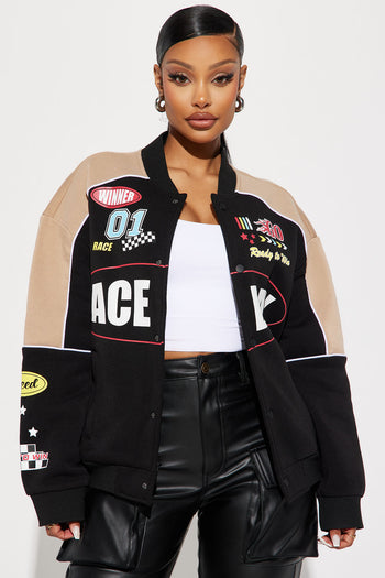 Women's Bright Future Varsity Jacket in Black/Combo Size XL by Fashion Nova