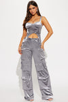 Step Back Velour Cargo Pant Set - Grey