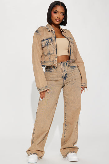 Lily High Rise Distressed Cargo Jeans - Tan