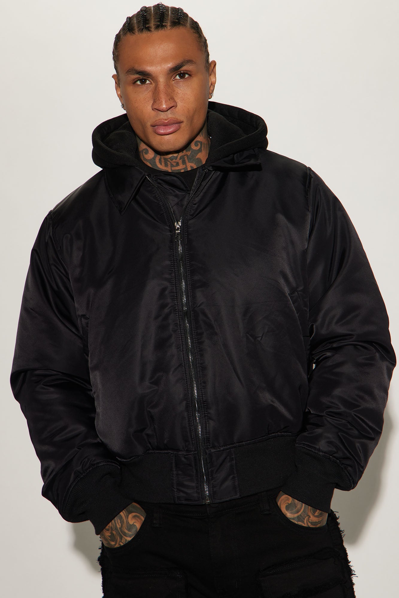 Full Zip Hood Parka Bomber Jacket - Black