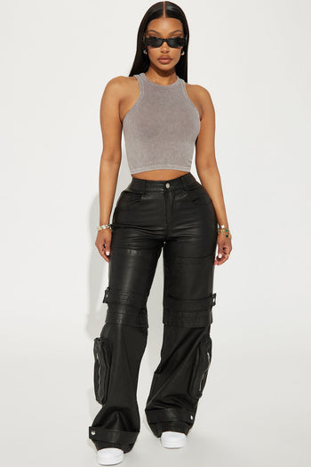 Heat Wave Faux Leather Stacked Legging - Black