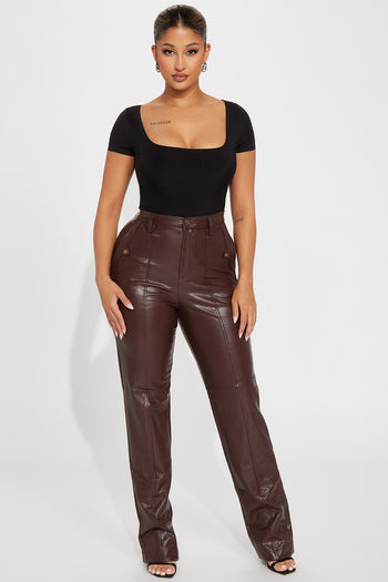 Call It Even Faux Leather Dress Pants - Chocolate