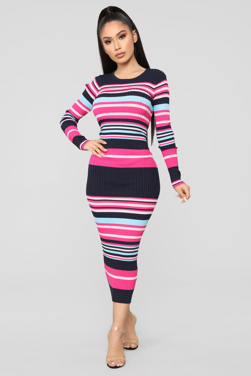 navy and pink striped dress