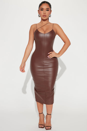 Make It Sexy Faux Leather Midi Dress - Brown