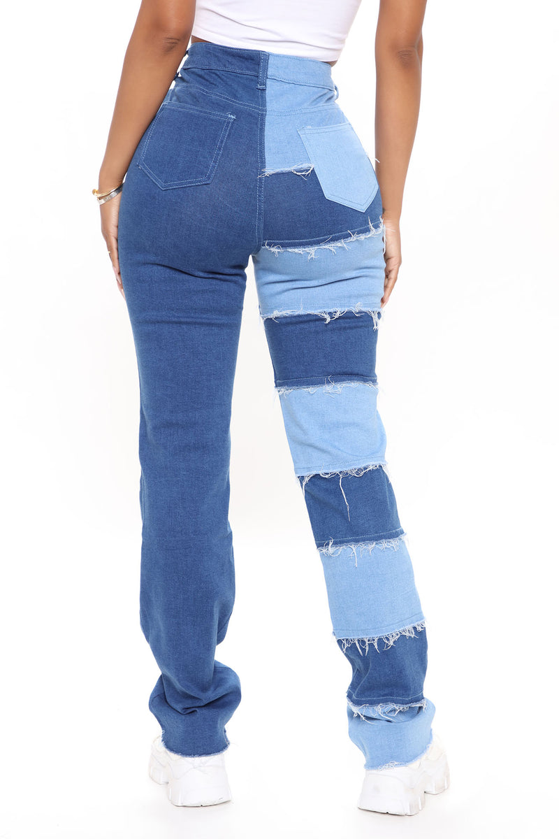 Breaking Barriers Patchwork Straight Leg Jeans - Medium Blue Wash ...