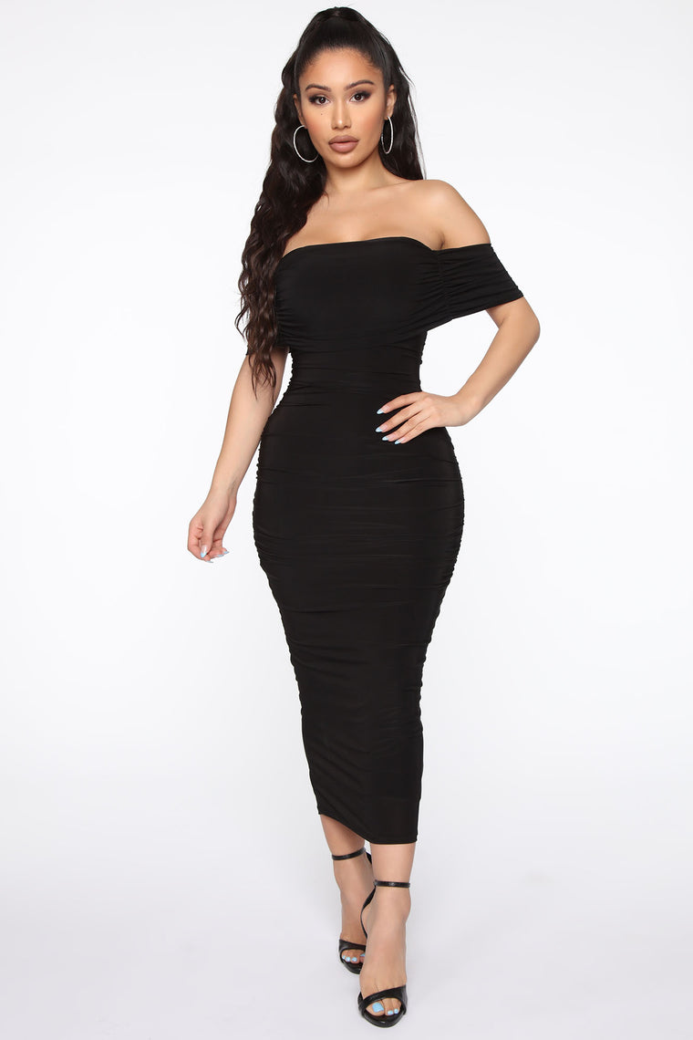 Fresh New Take Ruched Midi Dress - Black, Dresses | Fashion Nova