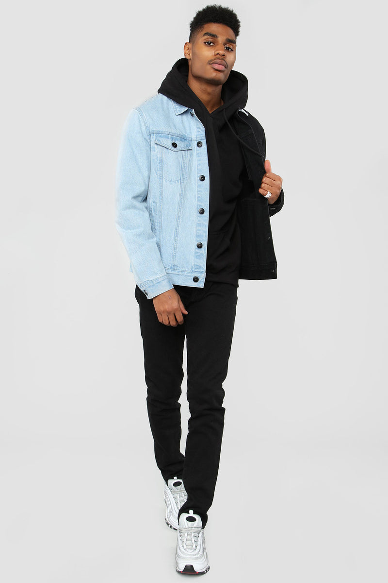 half black and blue denim jacket