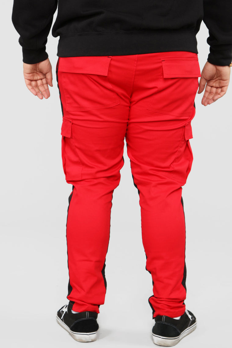 red and black cargo pants