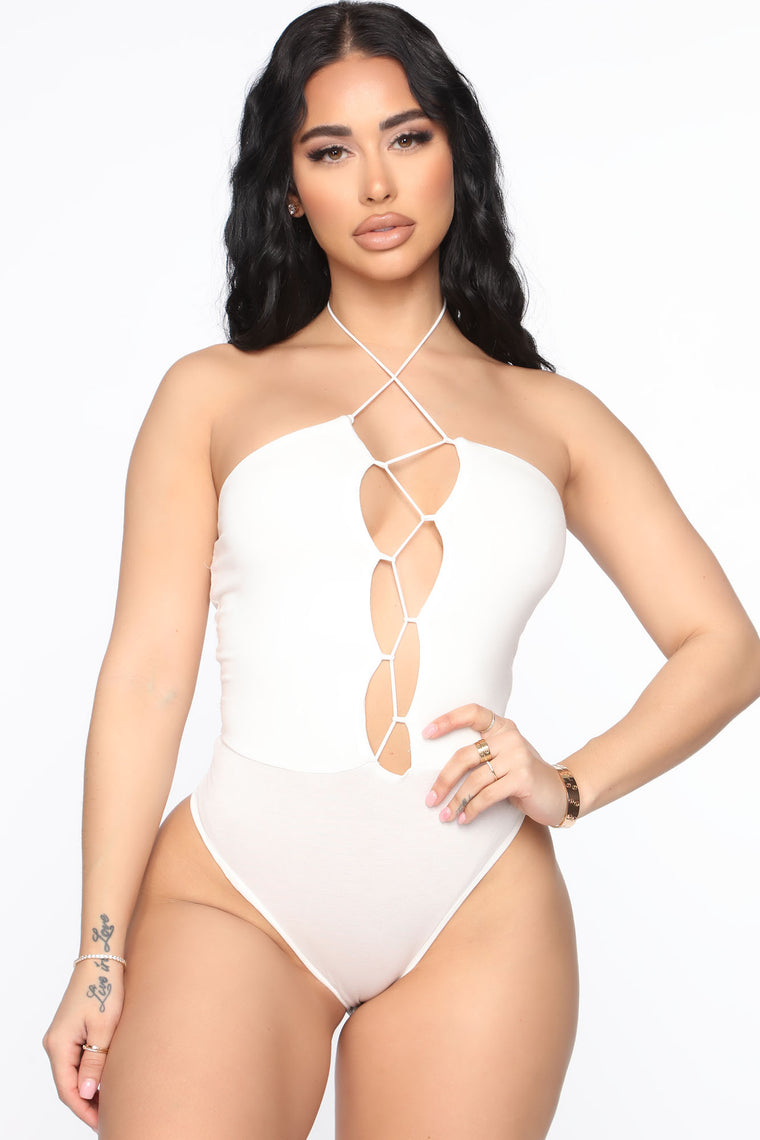 white lace up bodysuit