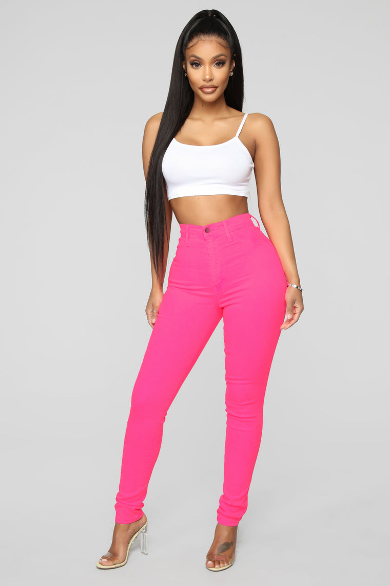 hot pink high waisted jeans