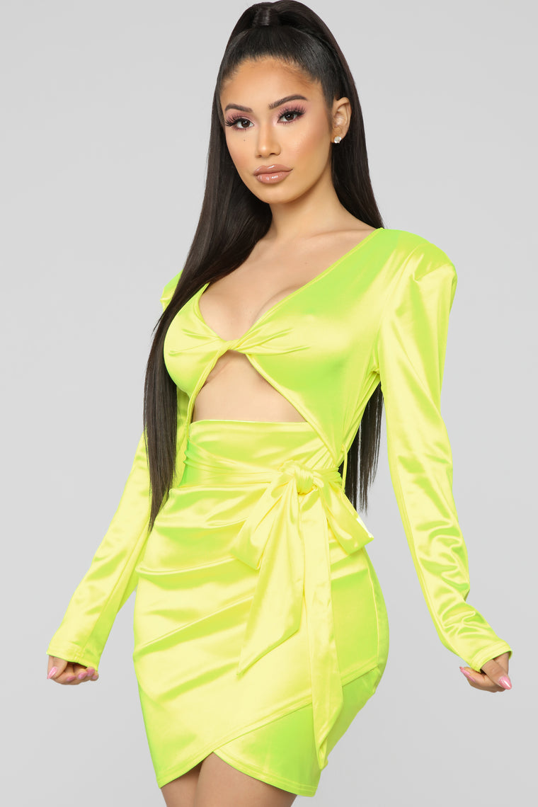 neon yellow satin dress