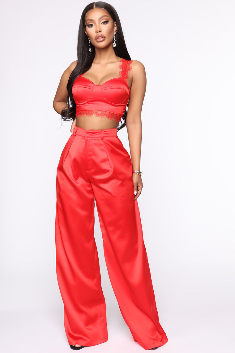 red matching pant set