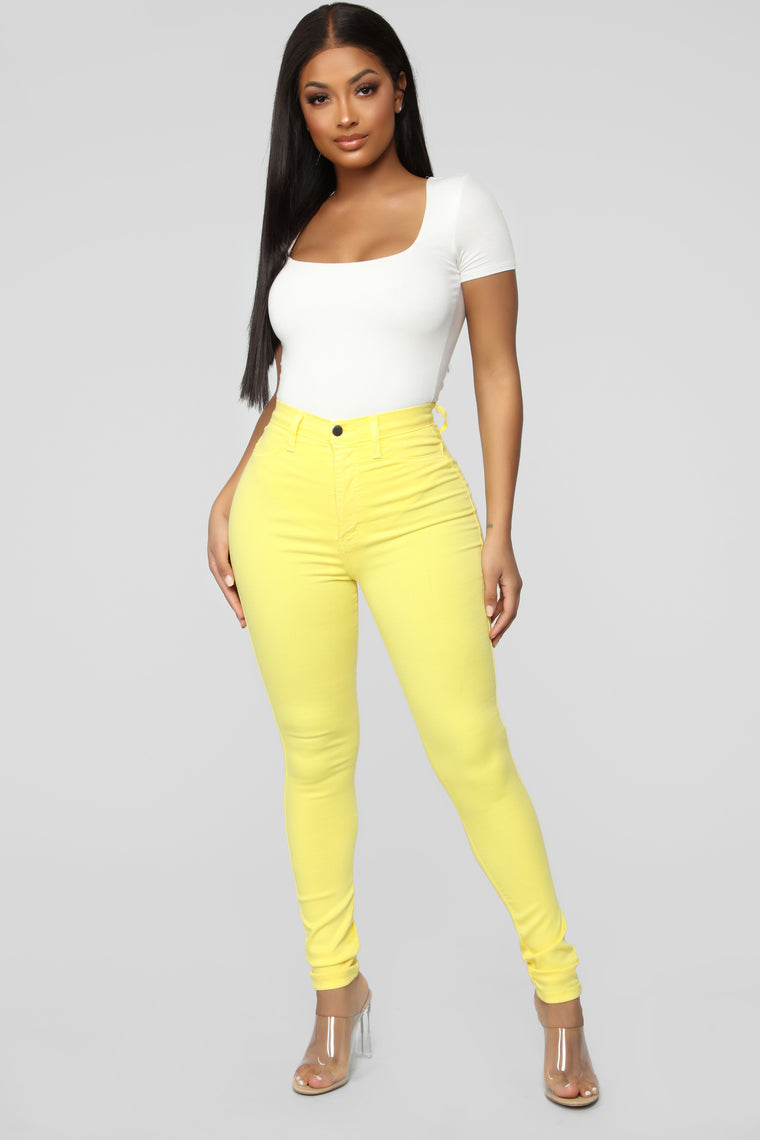 yellow jeans high waisted