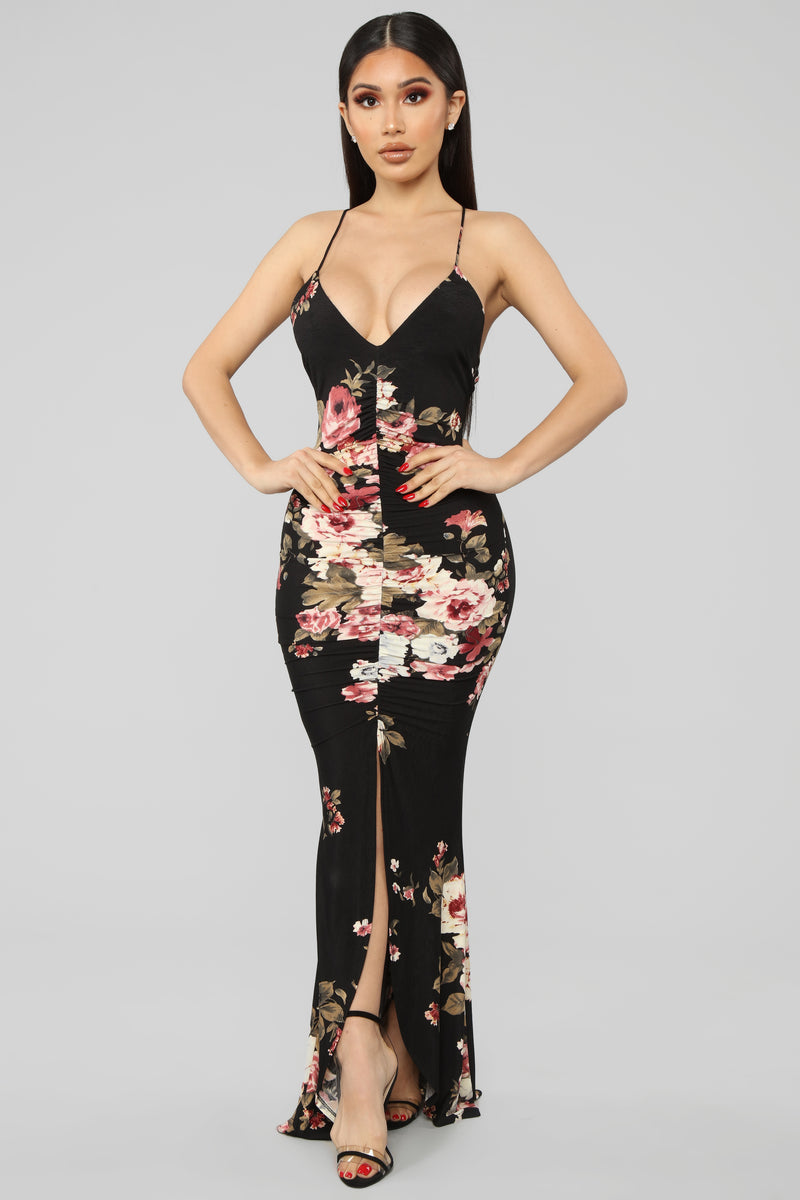 Chasing Waterfalls Ruched Maxi Dress - Black/Multi | Fashion Nova ...