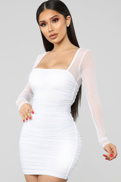 Naked Wardrobe mesh net long sleeve mini dress in white