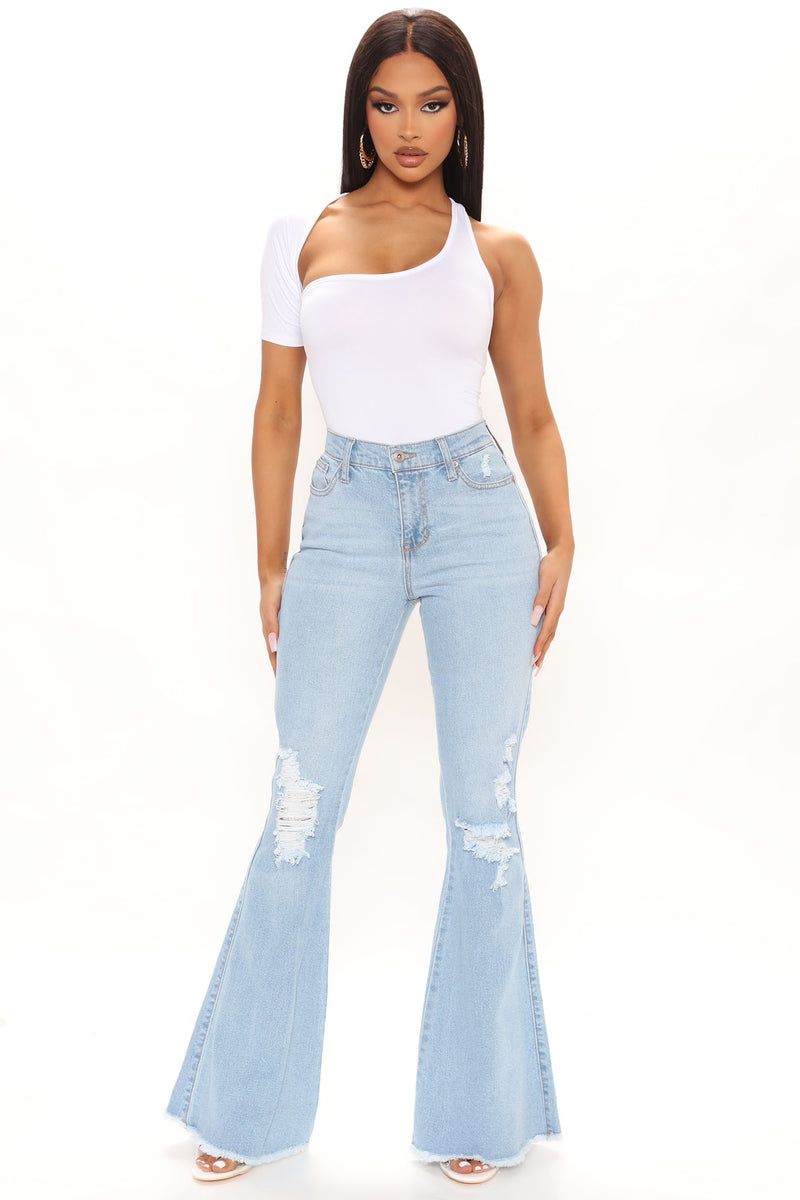 Perfect Day Ripped High Rise Flare Jeans - Light Blue Wash | Fashion ...