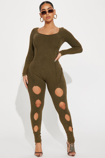 Solid Ribbed Seamless Jumpsuit - Olive