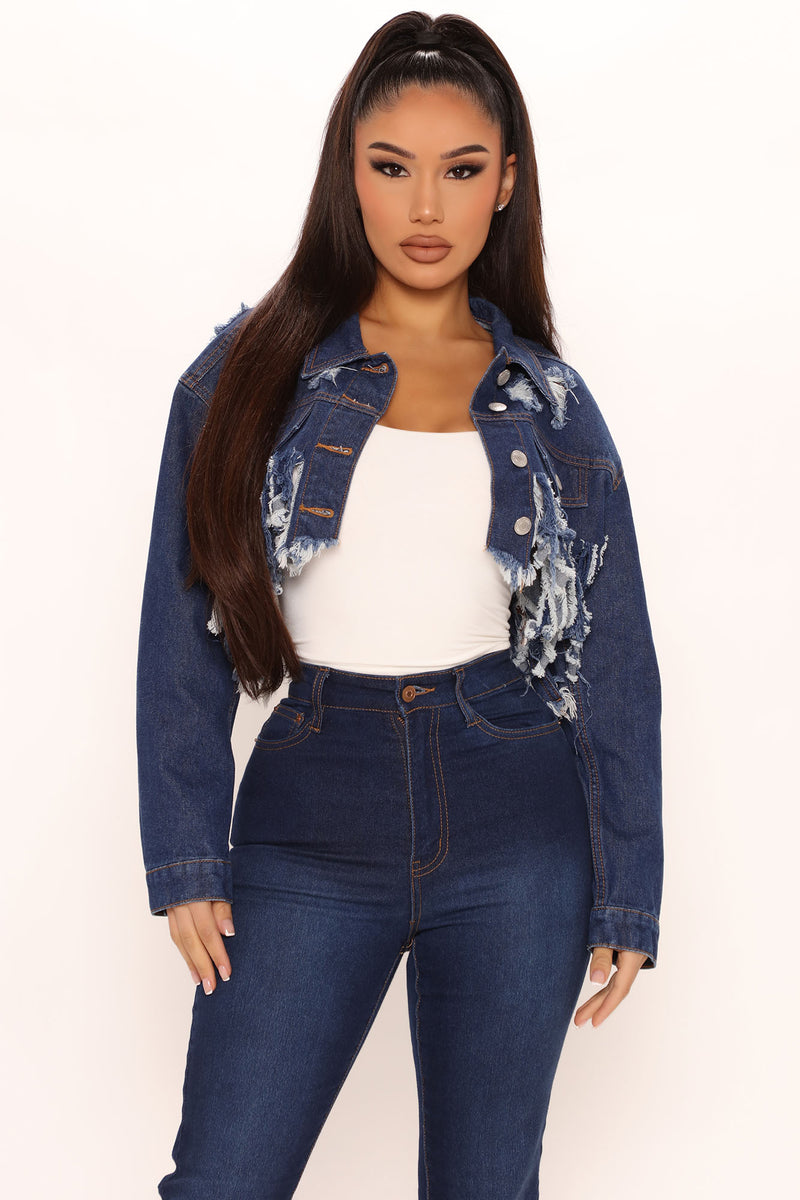 Frayed And Slayed Cropped Denim Jacket - Dark Wash | Fashion Nova ...