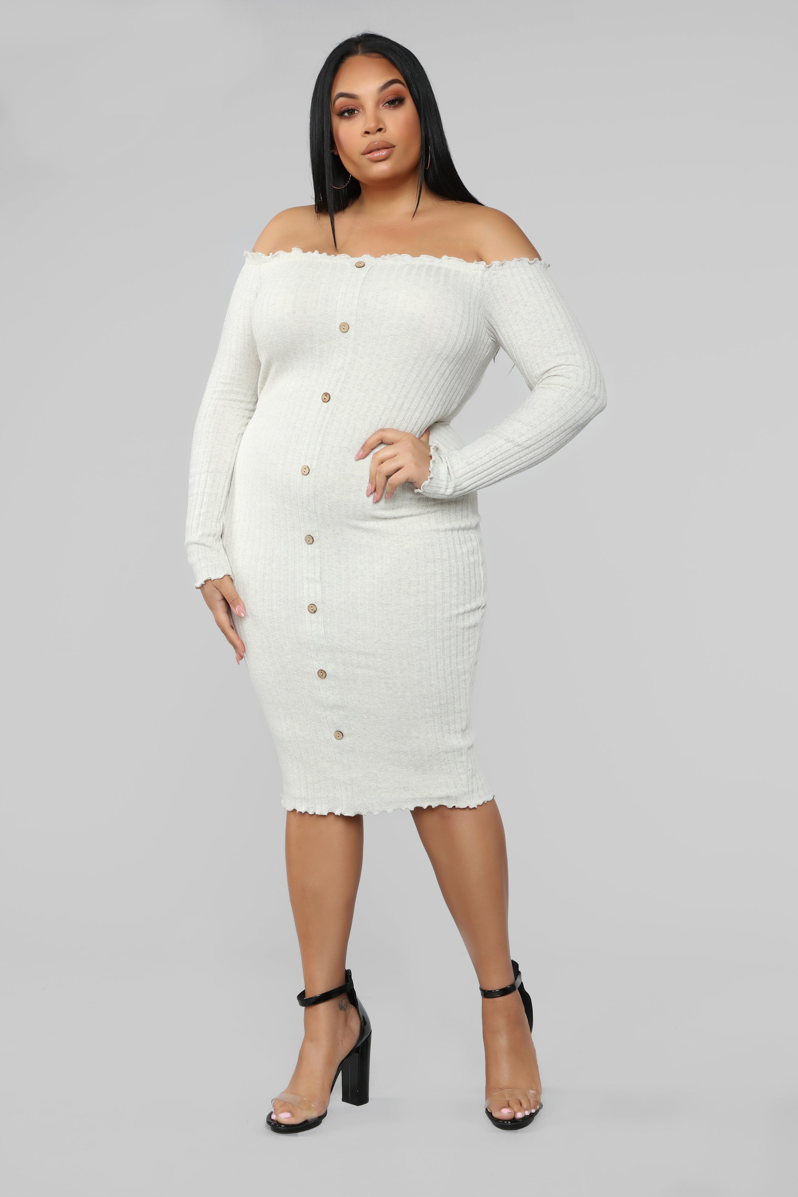 Jacklyn Off Shoulder Midi Dress - Oatmeal – Fashion Nova