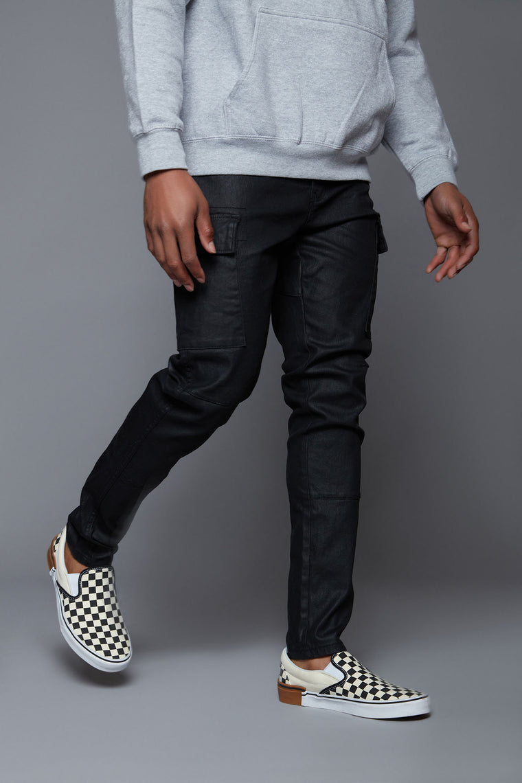 black waxed skinny jeans