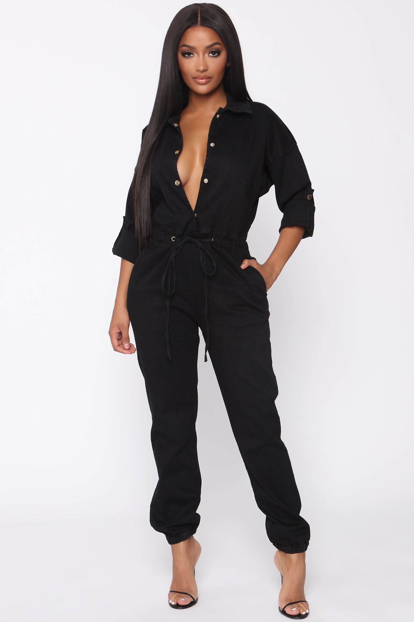 All That Ice Denim Jumpsuit - Black/Gold – Fashion Nova