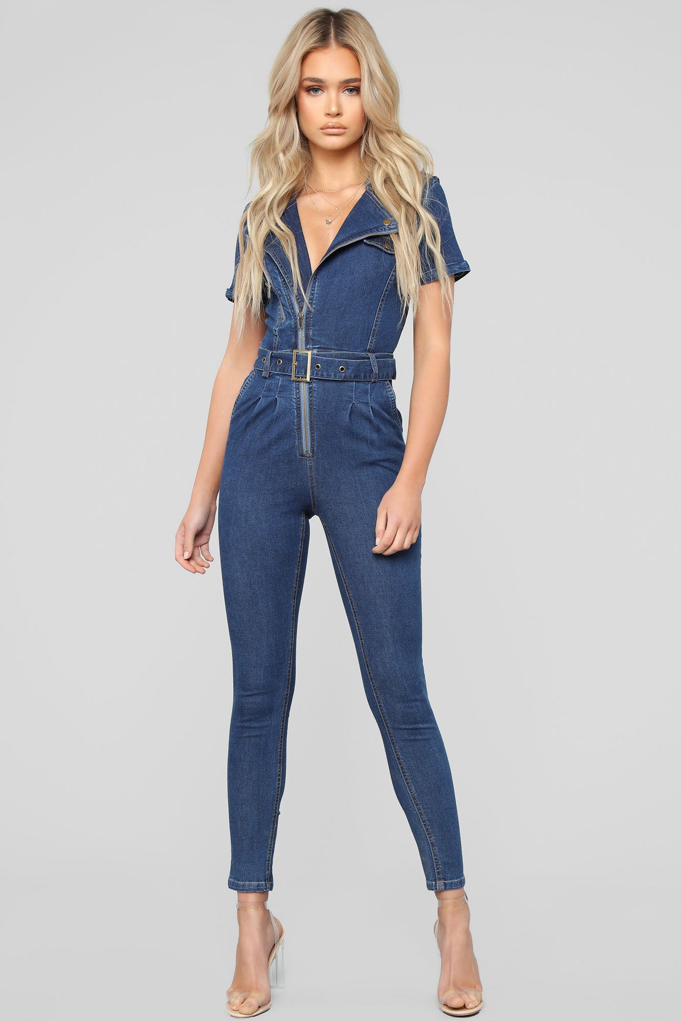 waist belt denim jumpsuit