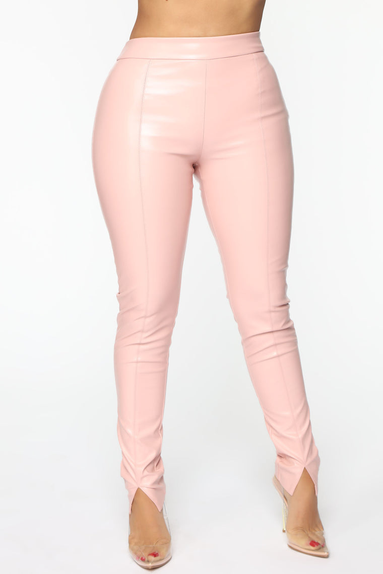 pink leather pants outfit