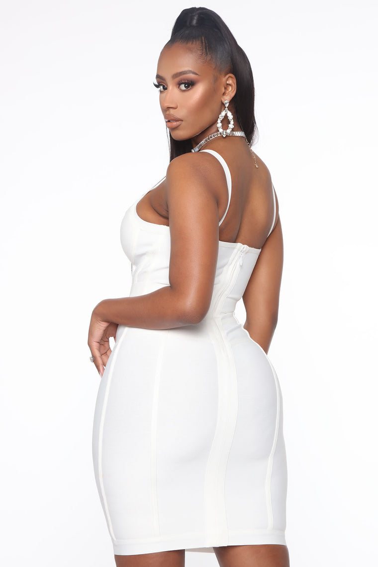 mid thigh white bandage dress