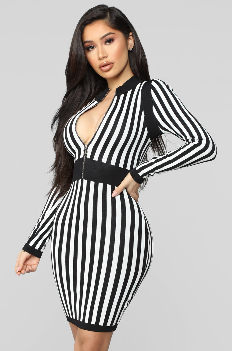 fashion nova black and white striped dress