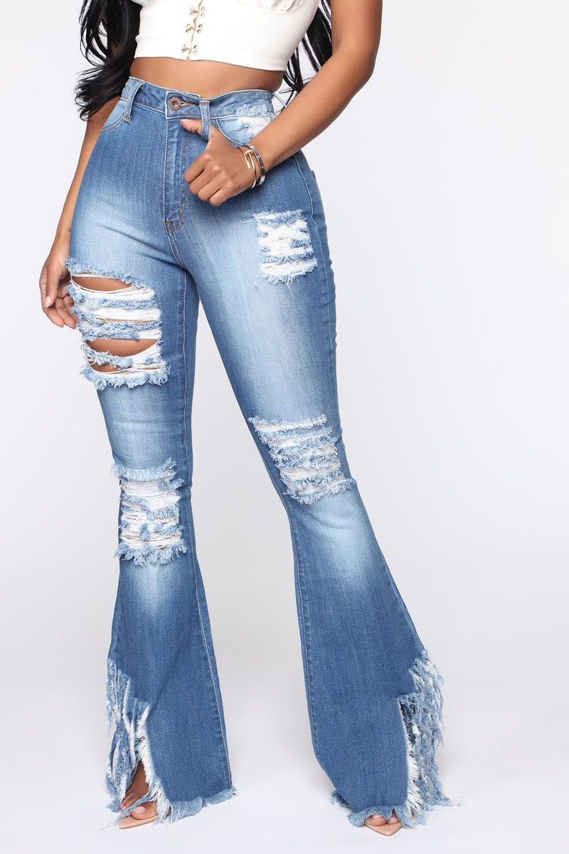 Let Your Flare Down Distressed Jeans - Medium Blue Wash | Fashion Nova ...