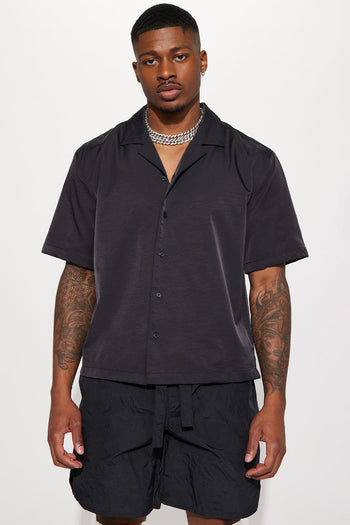 Simple Times Faux Leather Short Sleeve Shirt - Black