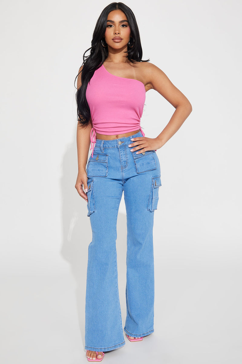 Petite Late Nights Mid Rise Cargo Flare Jeans - Medium Blue Wash ...