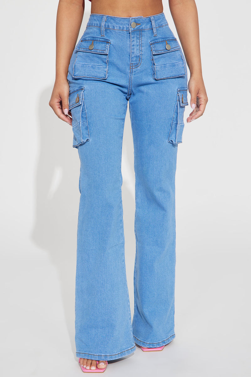 Petite Late Nights Mid Rise Cargo Flare Jeans - Medium Blue Wash | Fashion  Nova, Jeans | Fashion Nova