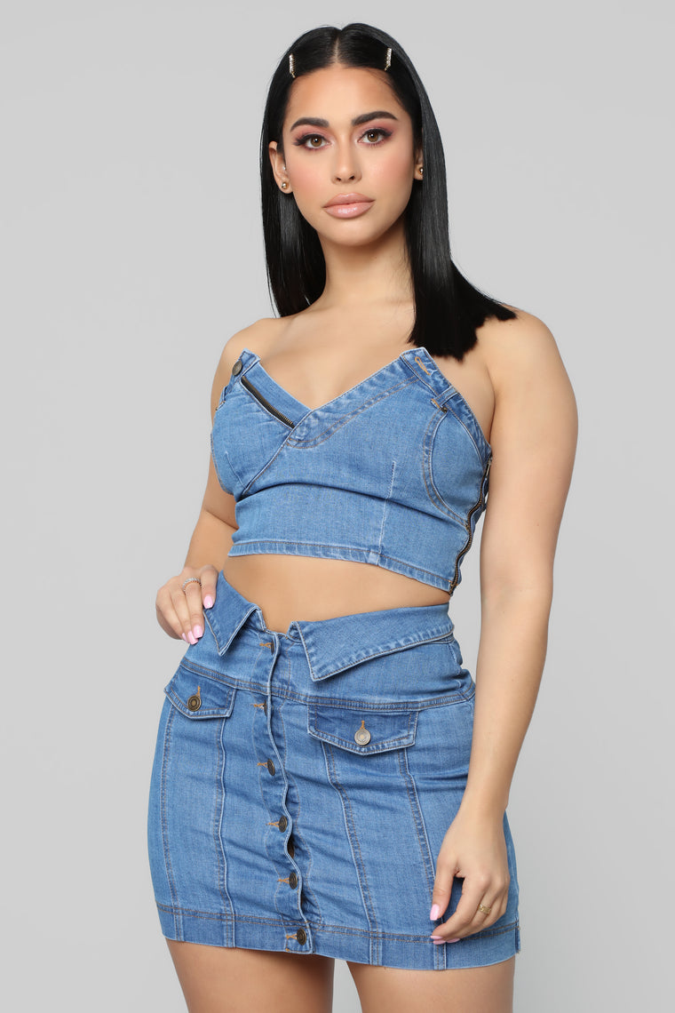 blue jean 2 piece outfit