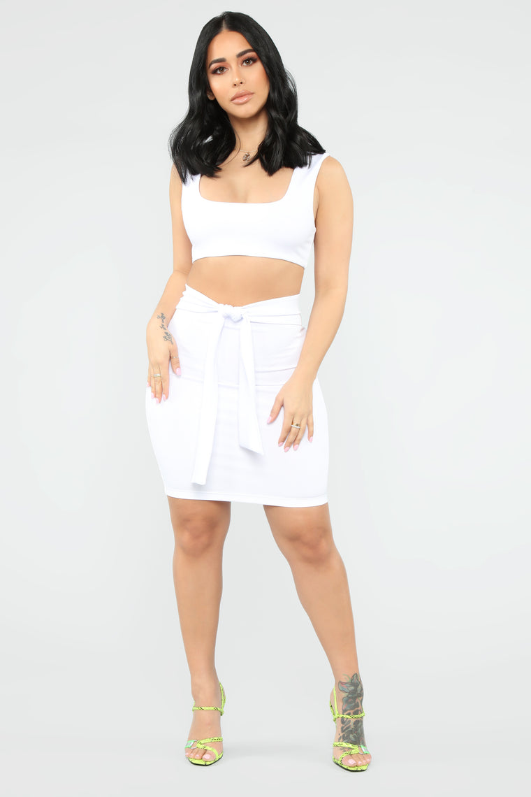 white mini skirt set